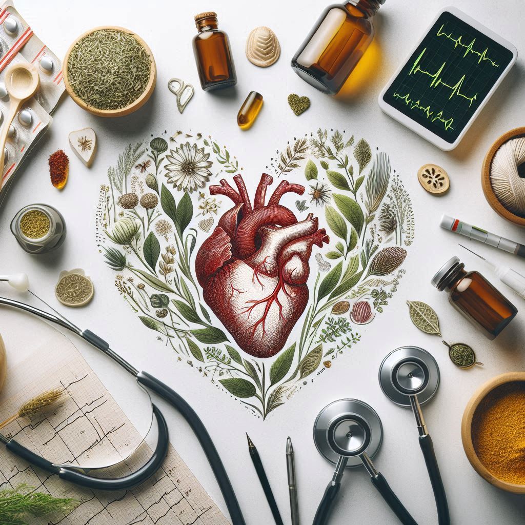 Herbs and heart health illustration showing garlic, hawthorn, and green tea with heart icons