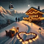 Couple standing on snowy Himalayan peak with candlelit dinner, wooden chalet, and heart-shaped trail, featuring AspKom Valentine luxury retreat in Uttarakhand.