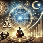 Fusion of astrology, spirituality, and business growth with cosmic symbols, entrepreneurs meditating, and graphs in a radiant cosmic background.