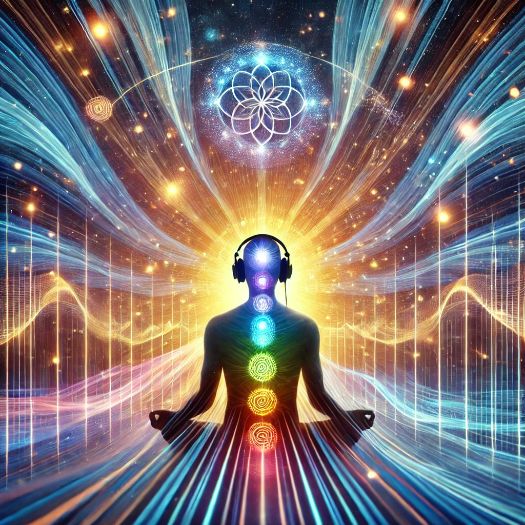 Person meditating with over-ear wired headset, surrounded by vibrant chakra waves and cosmic energy