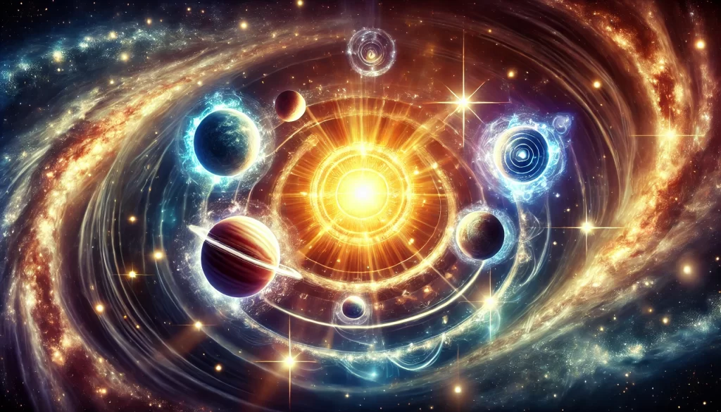 A mystic galactic scene depicting a celestial solar system with radiant planets and a luminous Galactic Core, symbolizing celestial forces influencing life.