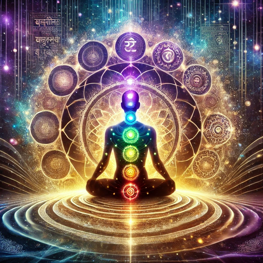 Illustration of glowing chakras, healing vibrations, and ancient Ravana Samhita script with cosmic and spiritual elements