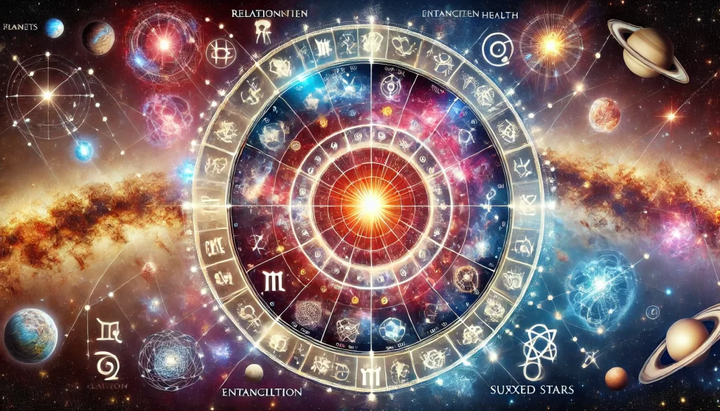 Galactic astrology chart with dynamic zodiac wheel, Galactic Core, and cosmic influences for the Galacto-AspKom framework.