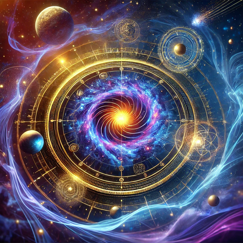 A vibrant cosmic-themed image representing the Galactic Deterministic Framework, featuring a glowing Galactic Core, celestial alignments, and quantum energy waves