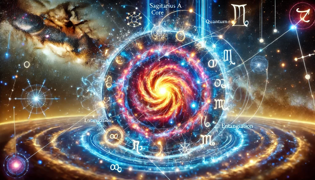 A vibrant cosmic illustration showing the Galactic Core (Sagittarius A*) with zodiac signs and multidimensional energy fields.