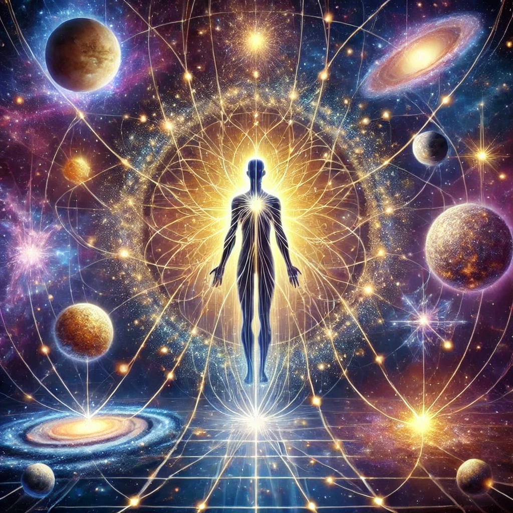 Human figure connected to celestial bodies in a cosmic network representing the deterministic blueprint of life.