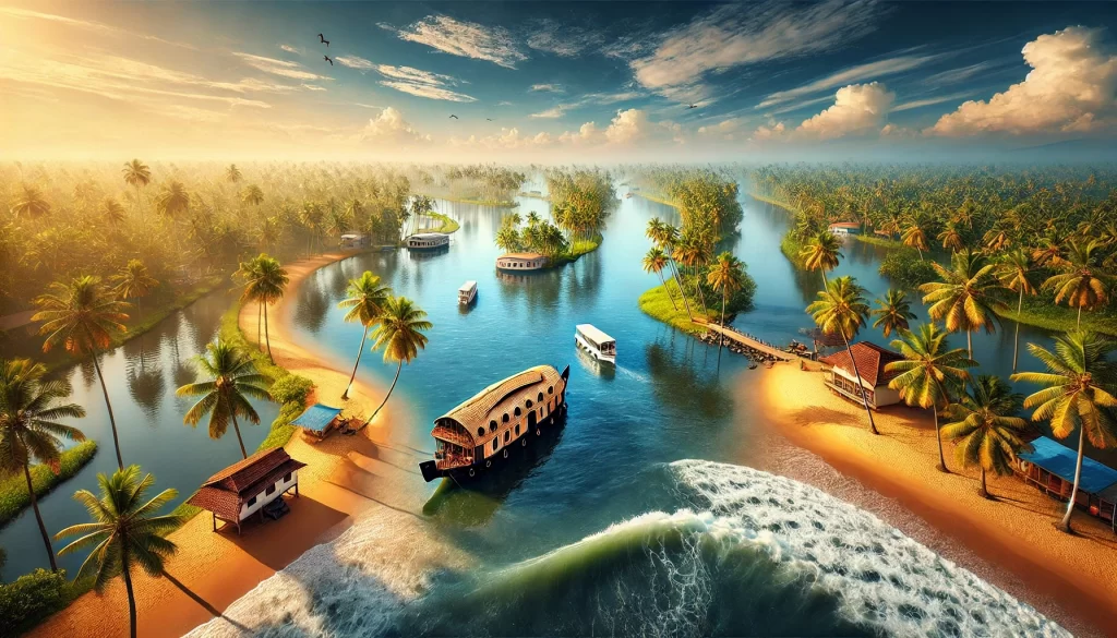 Spectacular drone view of Kerala showcasing lush greenery, serene backwaters with houseboats, pristine beaches, and vibrant coconut trees under a clear blue sky