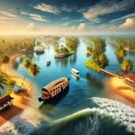 Spectacular drone view of Kerala showcasing lush greenery, serene backwaters with houseboats, pristine beaches, and vibrant coconut trees under a clear blue sky