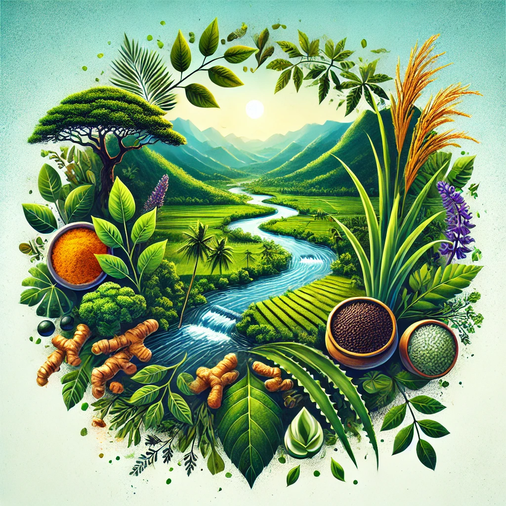 Illustration of Kerala's lush landscape with herbal plants like turmeric, tulsi, aloe vera, and njavara rice, symbolizing rejuvenation and detox.