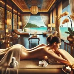 Elegant woman with a bare back lying in a luxurious spa setting, with Pattaya's beaches visible through floor-to-ceiling windows.