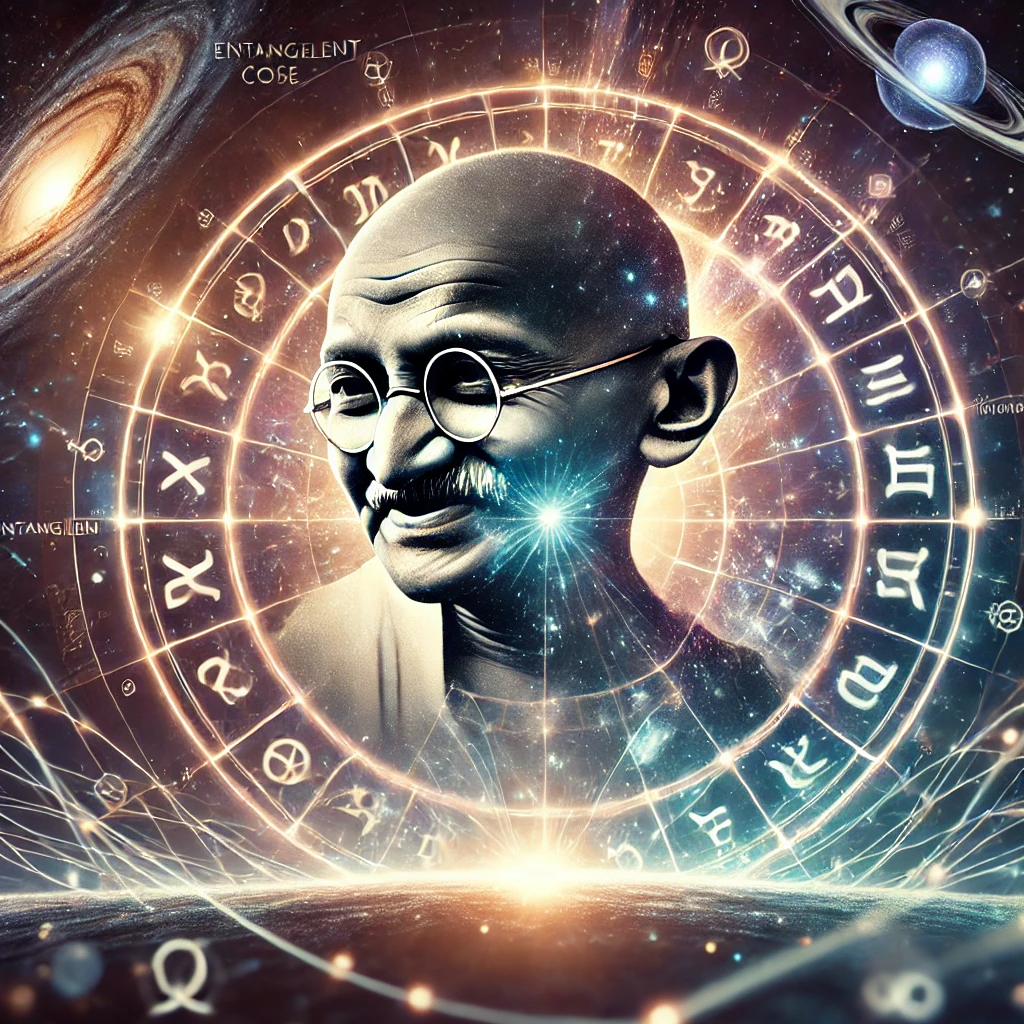 Silhouette of Mahatma Gandhi with a modern astrology theme featuring the Galactic Core and zodiac dynamics.