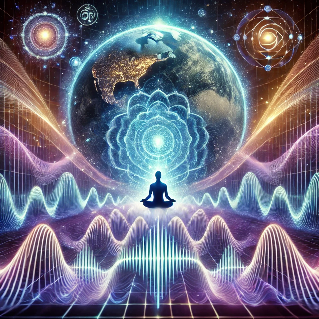 Digital artwork depicting brainwave synchronization with Earth's Schumann Resonance, featuring glowing theta waves, a meditating figure, and cosmic elements symbolizing healing, relaxation, and spiritual awakening