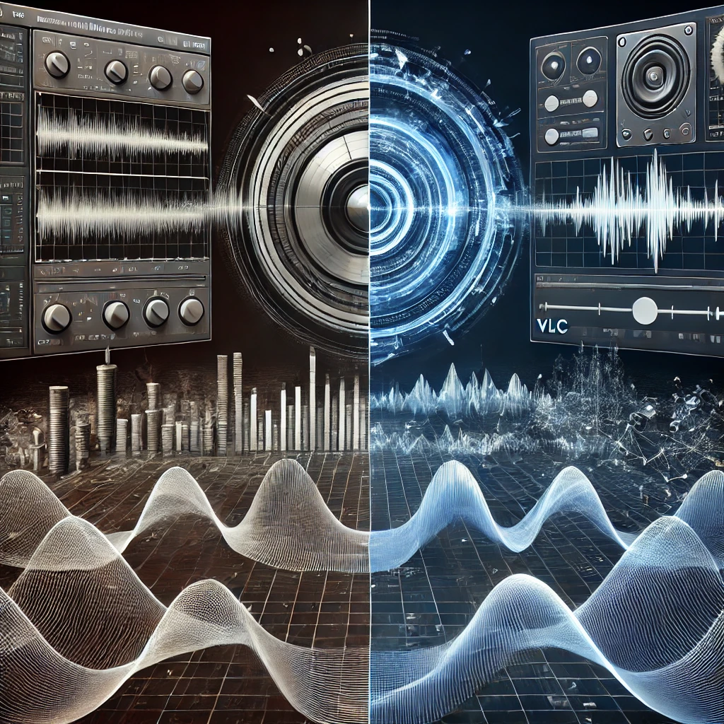 Digital artwork showing Audacity and VLC Media Player managing extreme audio frequencies