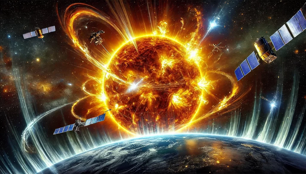 A powerful solar storm erupts from the Sun, sending coronal mass ejections (CMEs) toward Earth, impacting its magnetosphere and causing geomagnetic disturbances