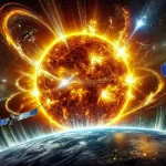 A powerful solar storm erupts from the Sun, sending coronal mass ejections (CMEs) toward Earth, impacting its magnetosphere and causing geomagnetic disturbances