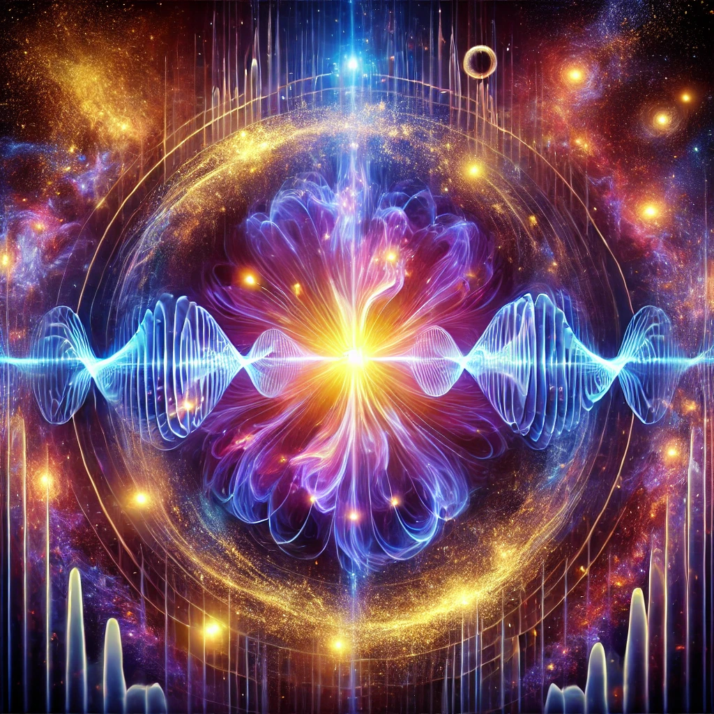 Abstract cosmic-themed image illustrating the soul as a quantum particle with galactic influences, surrounded by swirling galaxies, radiating frequencies, and dynamic cosmic energy