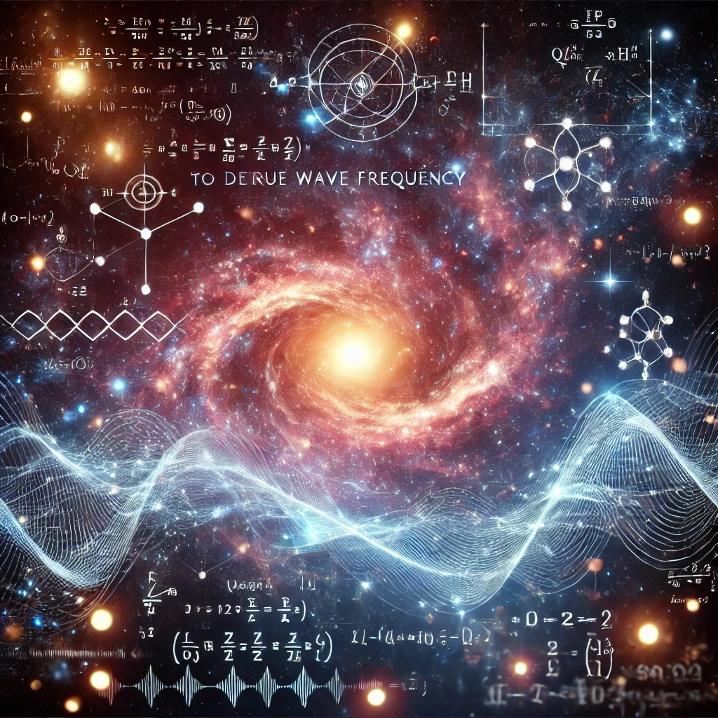 An artistic depiction of the galactic background with glowing stars, nebulae, and interconnected quantum waves representing formulas to derive the soul wave frequency