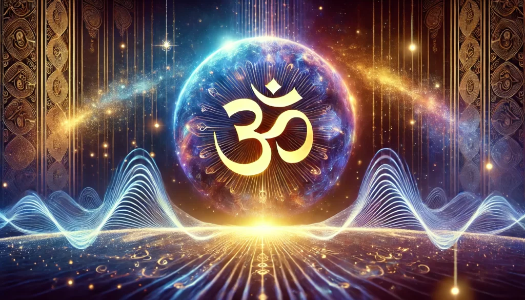 A glowing Sanskrit 'Om' radiating energy waves into the cosmos, with celestial elements like stars, galaxies, and Earth in the background