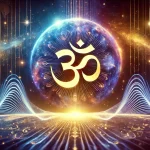 A glowing Sanskrit 'Om' radiating energy waves into the cosmos, with celestial elements like stars, galaxies, and Earth in the background