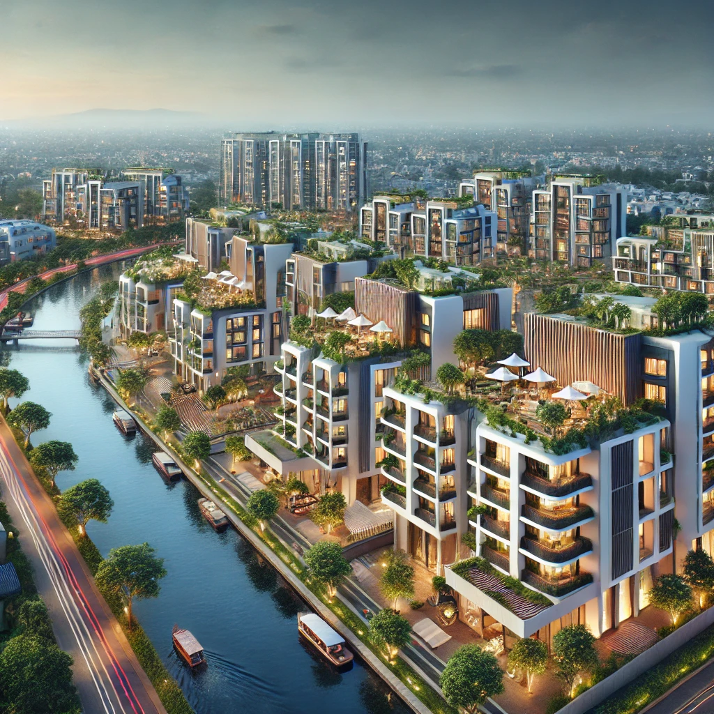 A premium mixed-use real estate development, ASPKOM® Infinity AquaVista, in Alleppey, Kerala, featuring luxury villas, high-rise apartments, and commercial spaces along the backwaters