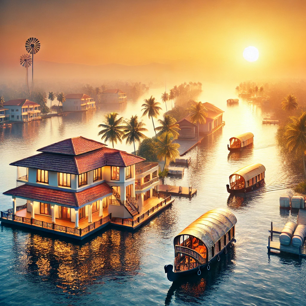 A breathtaking view of Alappuzha (Alleppey), Kerala, featuring houseboats on the backwaters with a modern waterfront villa, symbolizing real estate investment opportunities in Kerala